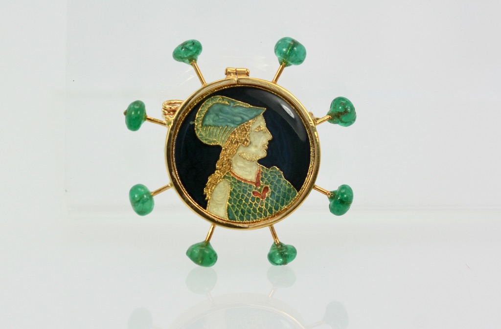 Renaissance Brooch with Emerald accents in 18K Yellow Gold