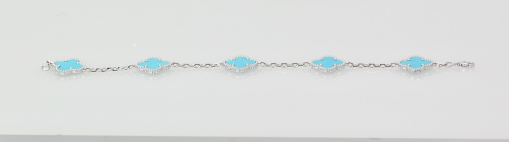 Van Cleef & Arpels 5 clover Turquoise Bracelet in White Gold – horizontal view