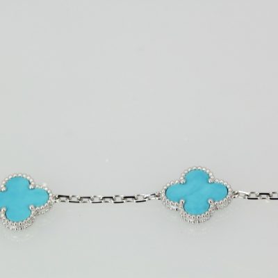 Van Cleef & Arpels 5 clover Turquoise Bracelet in White Gold - detail