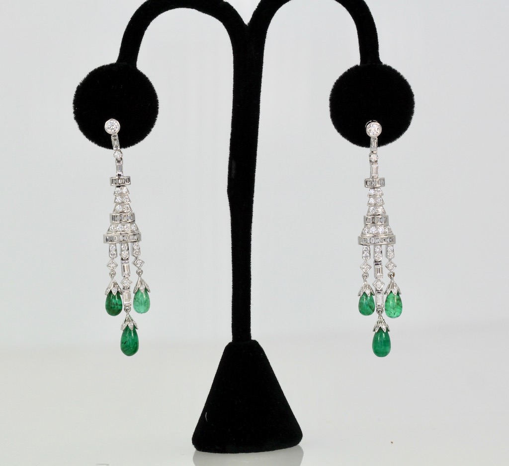 Deco Diamond Emerald Drop Earrings – on stand