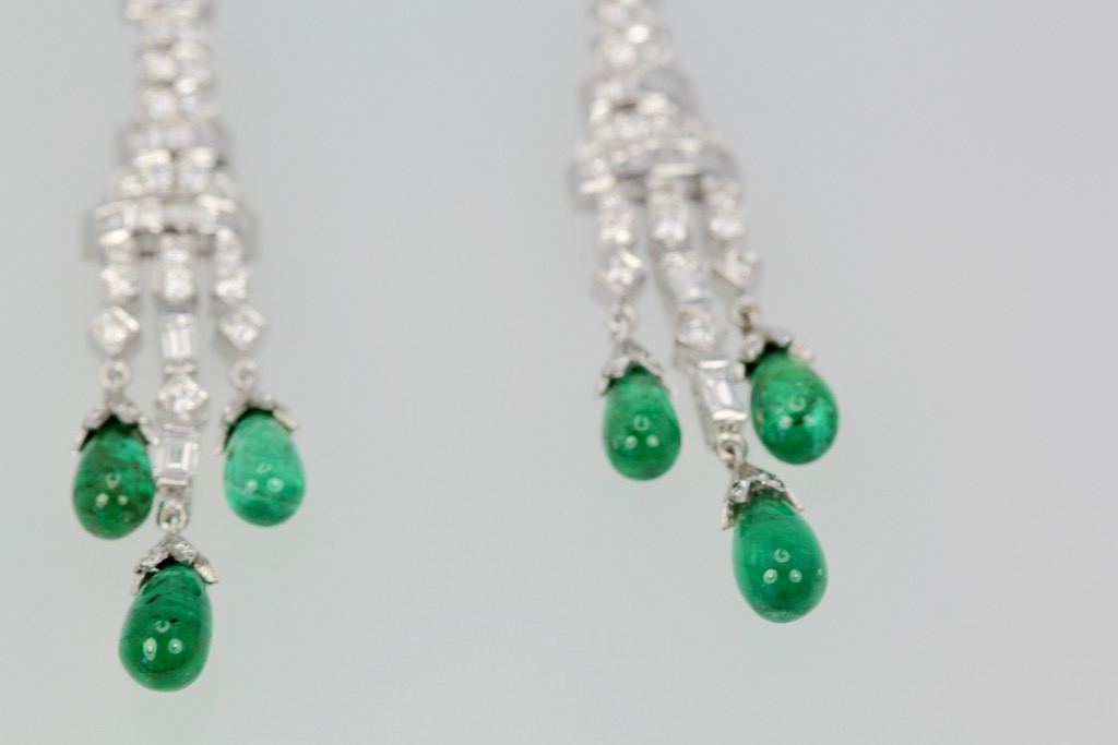 Deco Diamond Emerald Drop Earrings – close up