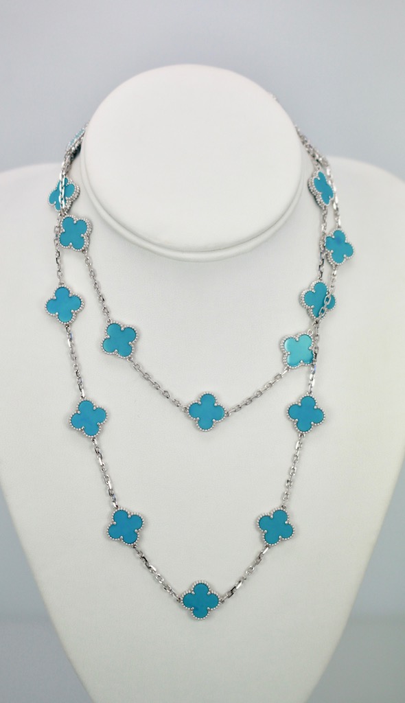 Van Cleef & Arpels Turquoise 20 motif Alhambra Necklace white Gold - model doubled up