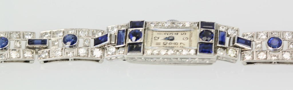Deco Platinum Sapphire Diamond Bracelet Watch – close up