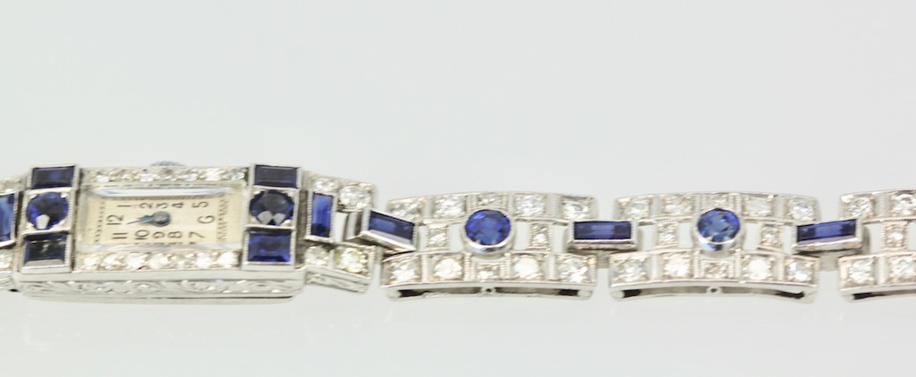Deco Platinum Sapphire Diamond Bracelet Watch – close 2