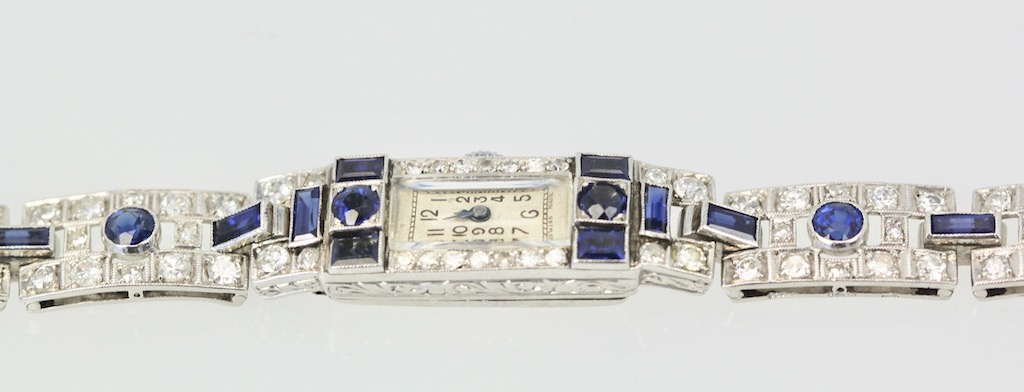 Deco Platinum Sapphire Diamond Bracelet Watch – detail