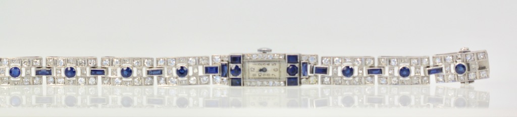 Deco Platinum Sapphire Diamond Bracelet Watch – horizontal