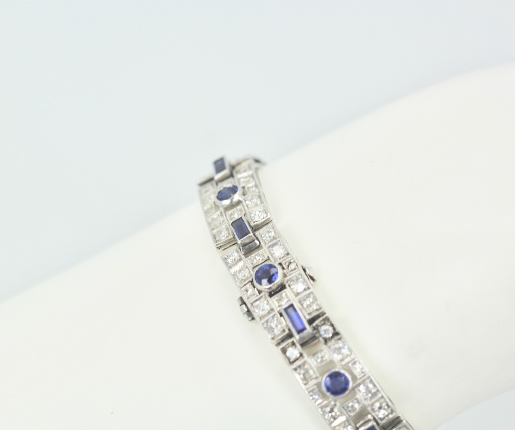 Deco Platinum Sapphire Diamond Bracelet Watch – model close