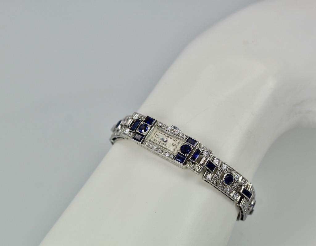 Deco Platinum Sapphire Diamond Bracelet Watch – model