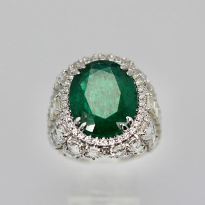 Oval Emerald 12.25 Carat Diamond Ring - close up