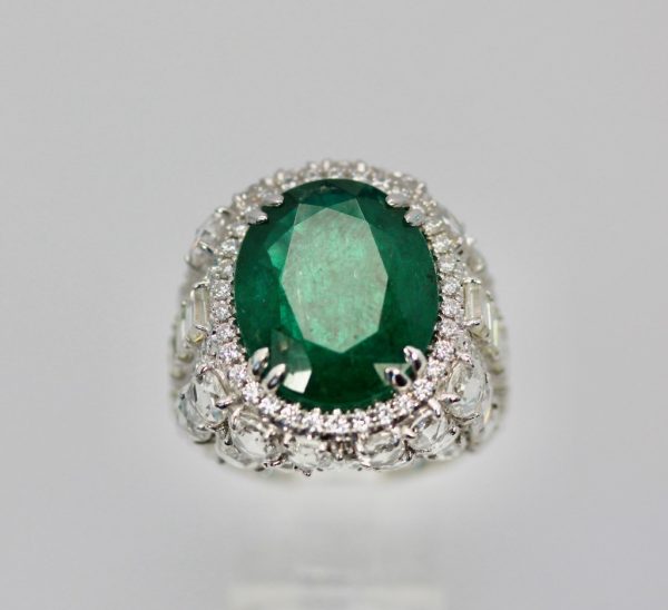 Oval Emerald 12.25 Carat Diamond Ring - close up