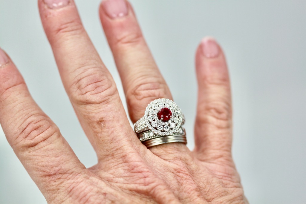 2 Carat Diamond Target Ring Ruby Center – on finger