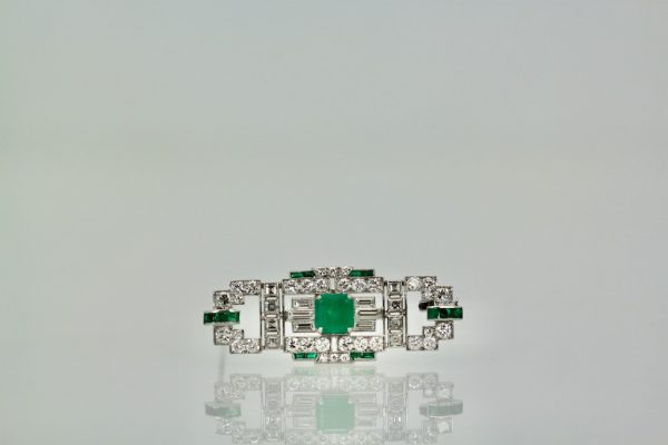 Deco Platinum Emerald Diamond Brooch 3