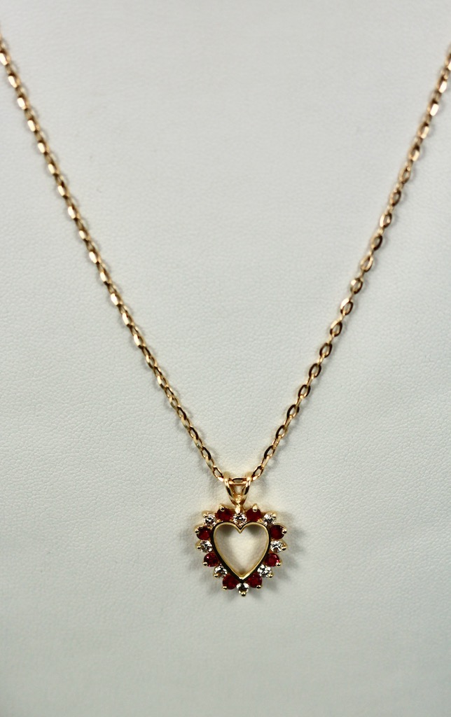 Ruby Diamond Open Heart Pendant on Yellow Gold Chain – hanging