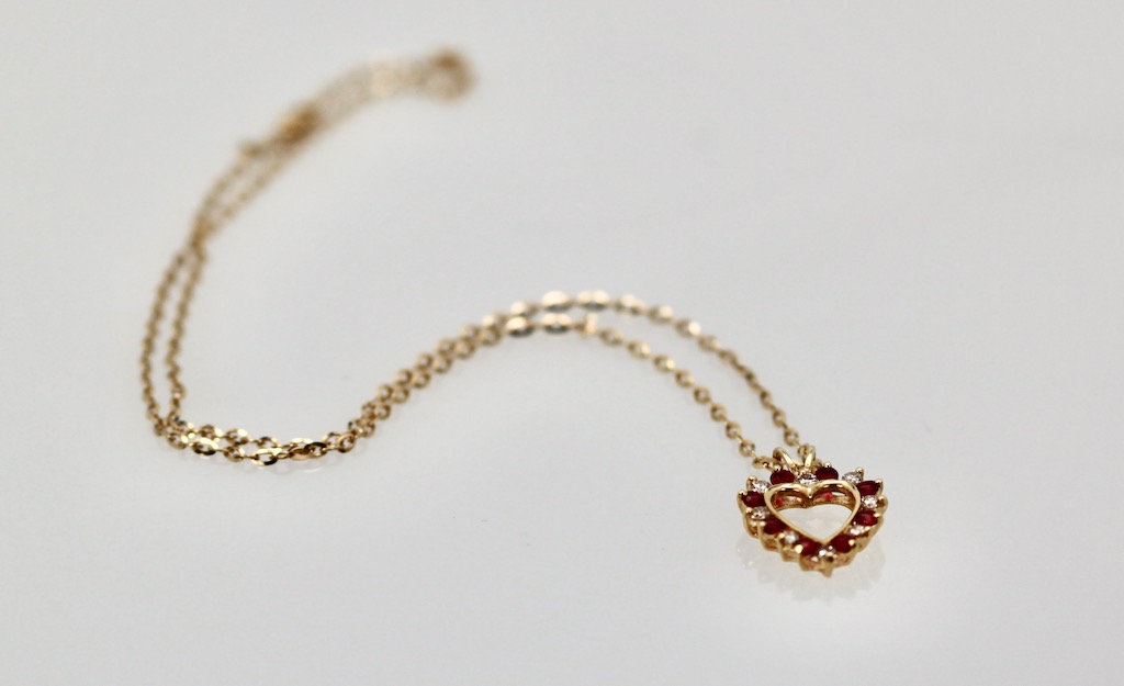 Ruby Diamond Open Heart Pendant on Yellow Gold Chain – back 2