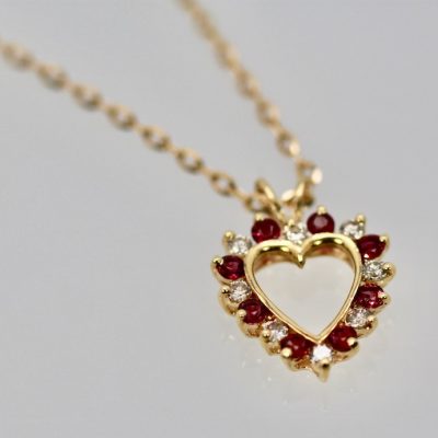 Ruby Diamond Open Heart Pendant on Yellow Gold Chain - detail 2