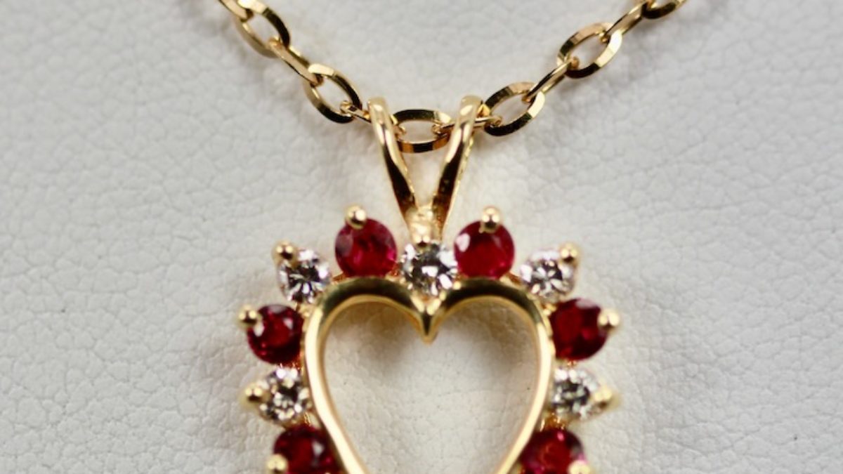 Ruby Diamond Open Heart Pendant on Yellow Gold Chain