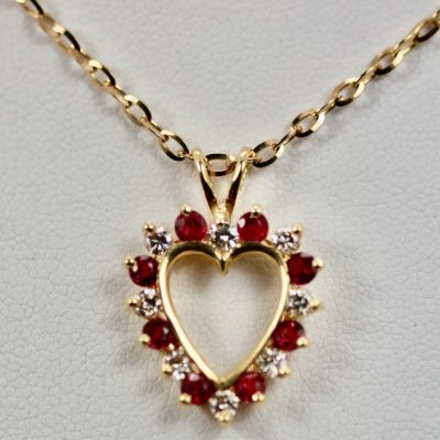 Ruby Diamond Open Heart Pendant on Yellow Gold Chain - detail