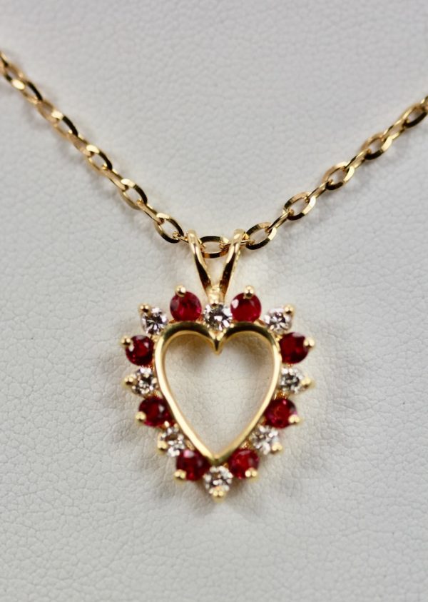 Ruby Diamond Open Heart Pendant on Yellow Gold Chain - detail