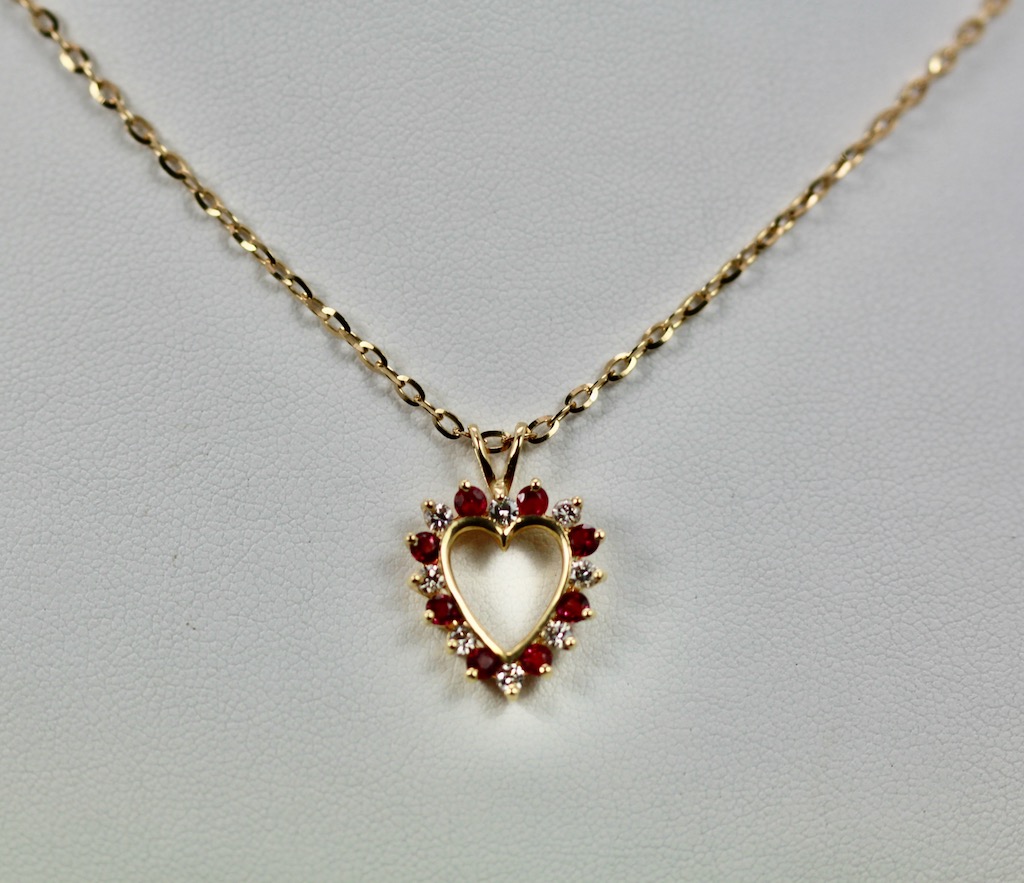 Ruby Diamond Open Heart Pendant on Yellow Gold Chain