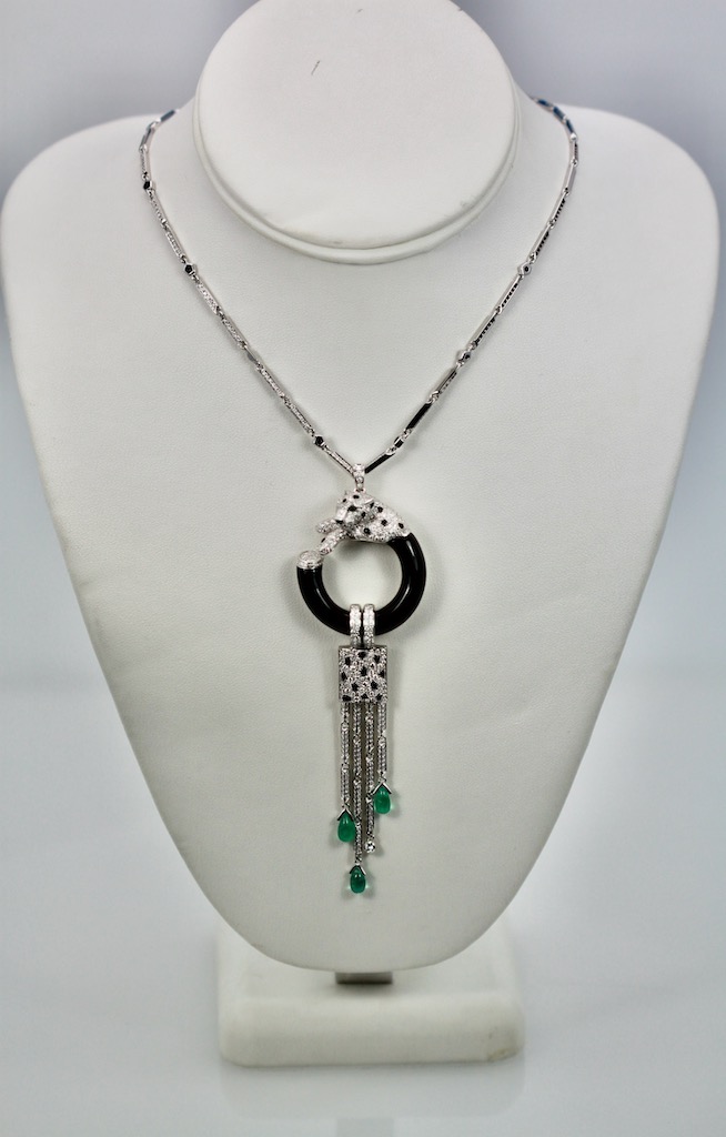 Cartier Diamond Onyx Emerald Necklace – hanging