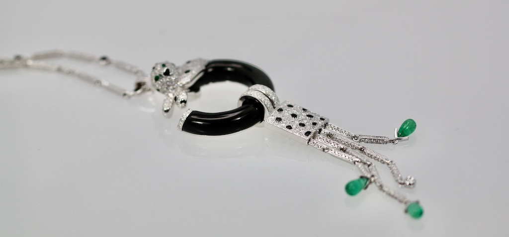 Cartier Diamond Onyx Emerald Necklace –  flat