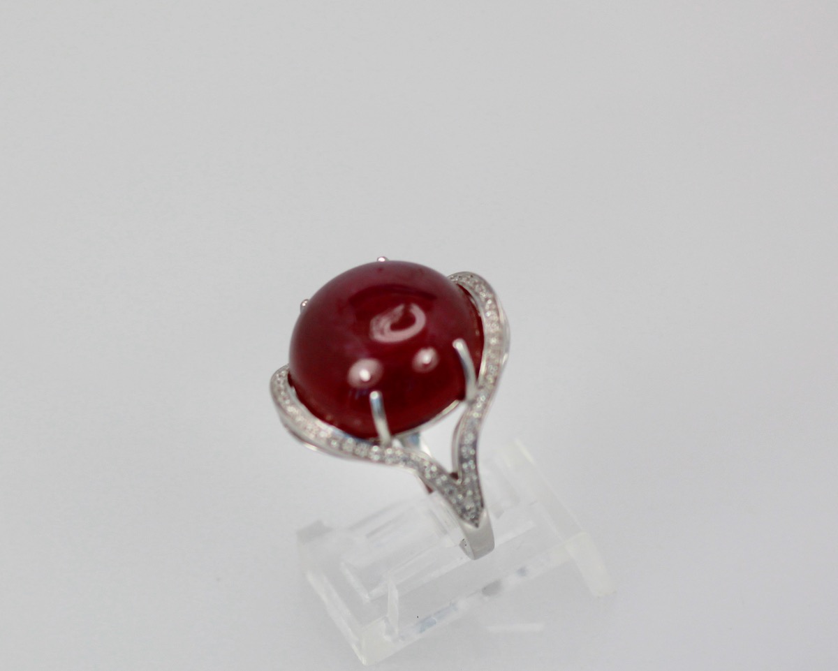 Huge Ruby Cabochon Diamond Surround Ring – on stand