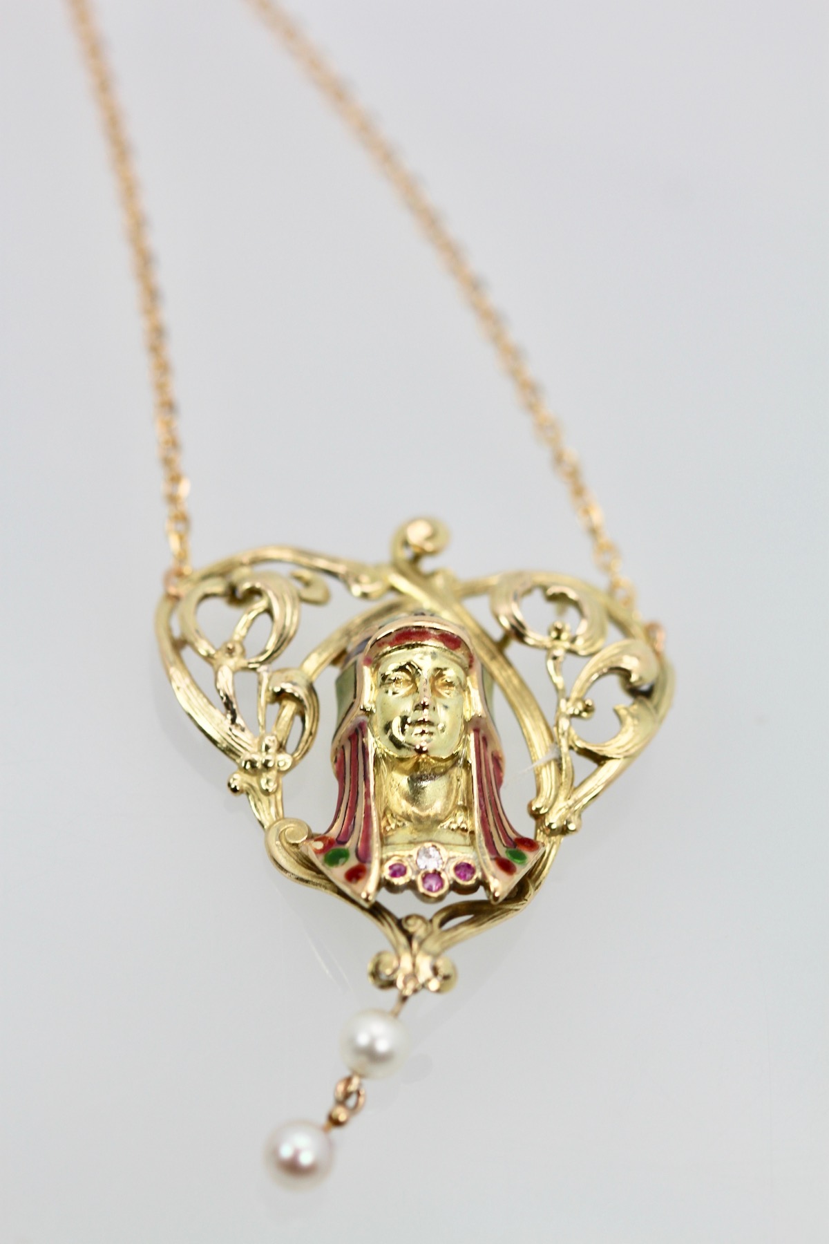 Art Nouveau Egyptian Revival Enamel Necklace – close up