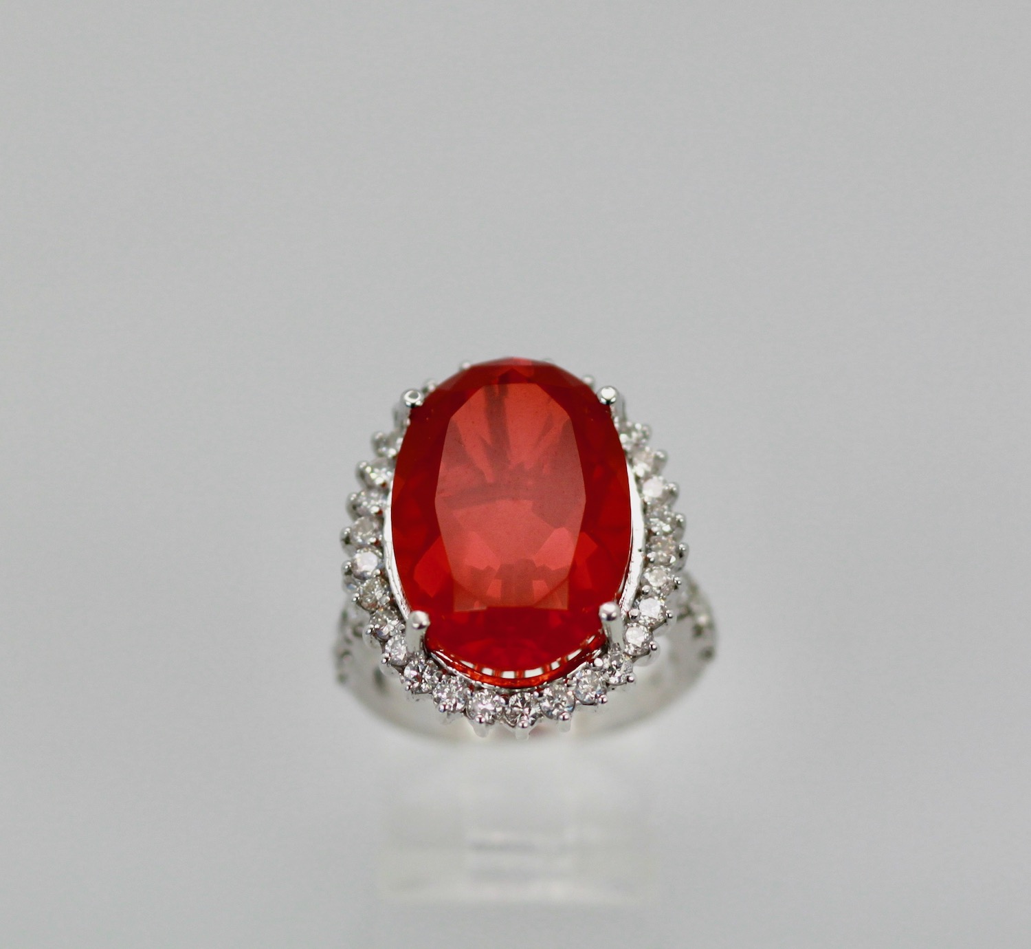 Large Fire Opal ring with Diamond surround – up view