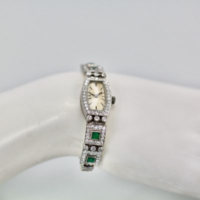 Deco Emerald Diamond Platinum Ladies strap watch - model