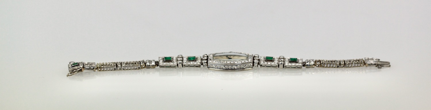 Deco Emerald Diamond Platinum Ladies strap watch – flat