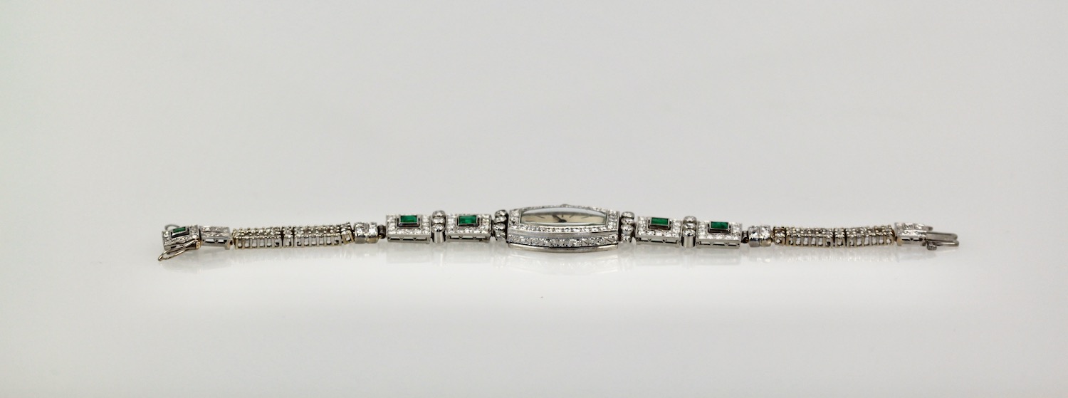 Deco Emerald Diamond Platinum Ladies strap watch – upview