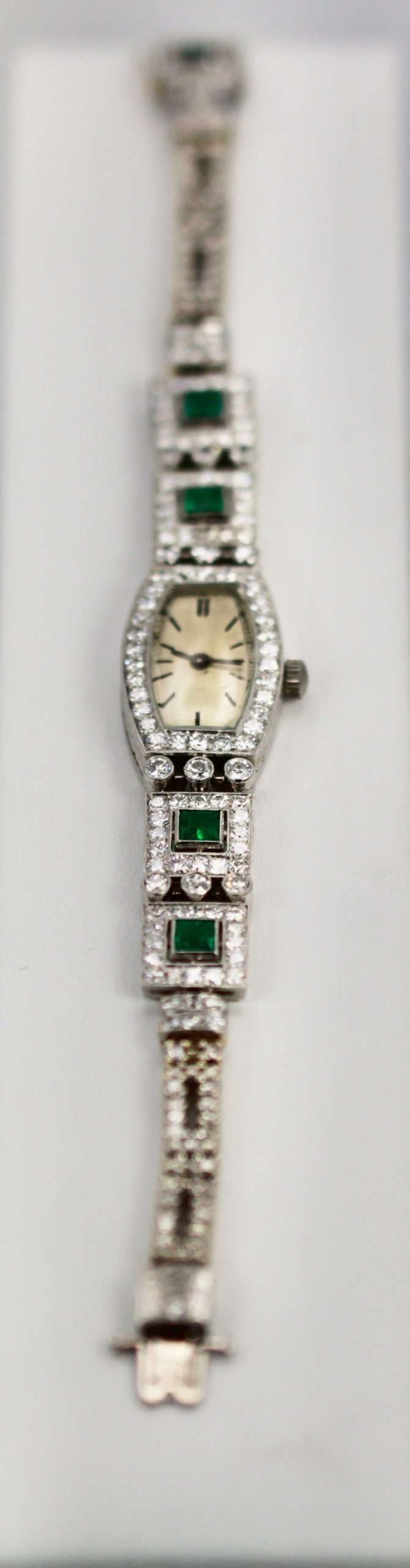 Deco Emerald Diamond Platinum Ladies strap watch – vertical view