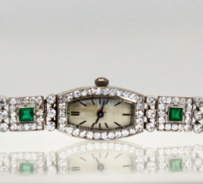 Deco Emerald Diamond Platinum Ladies strap watch - entire