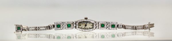 Deco Emerald Diamond Platinum Ladies strap watch - entire