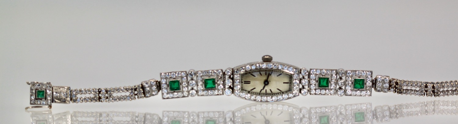 Deco Emerald Diamond Platinum Ladies strap watch