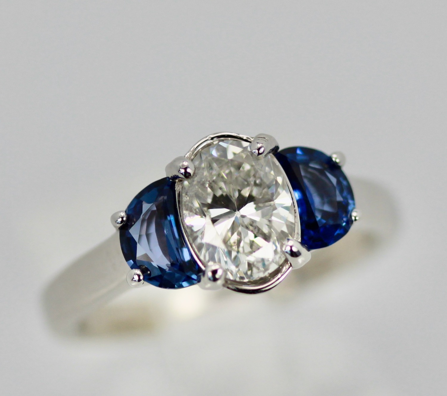 Diamond Ring with Half Moon Sapphire Sides – close up