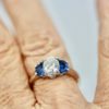 Diamond Ring with Half Moon Sapphire Sides - on finger