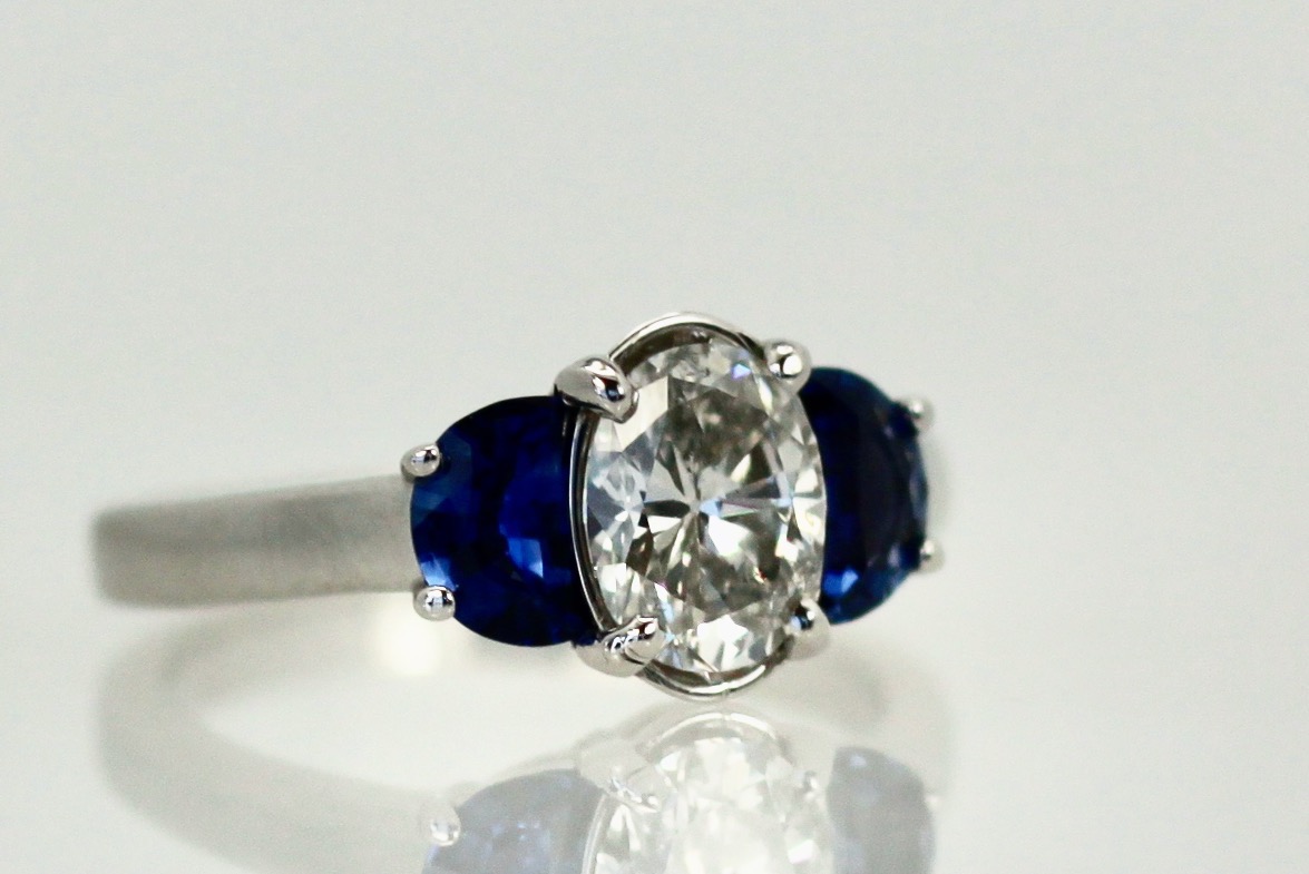 Diamond Ring with Half Moon Sapphire Sides – angle