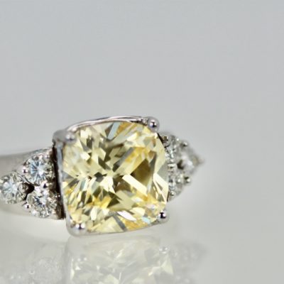 Large Yellow Sapphire Ring with Diamond Side Accents