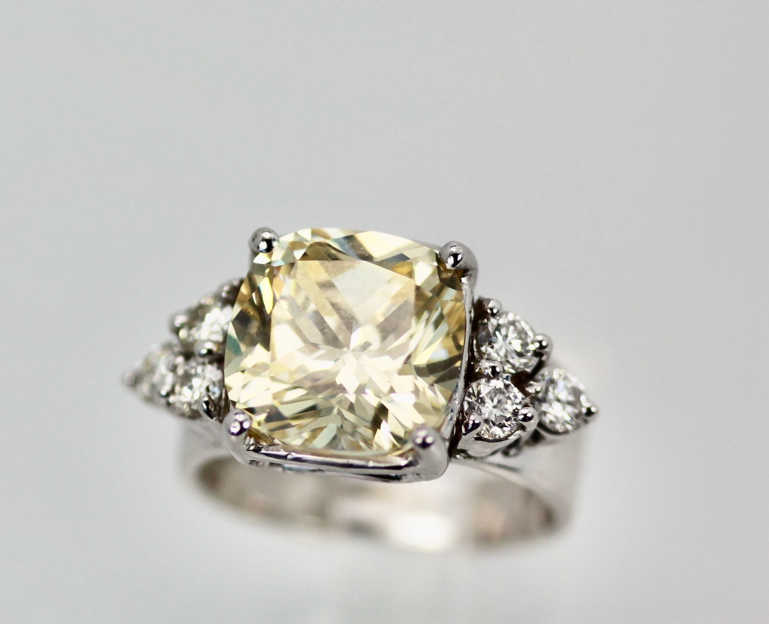 Large Yellow Sapphire Ring with Diamond Side Accents – close up