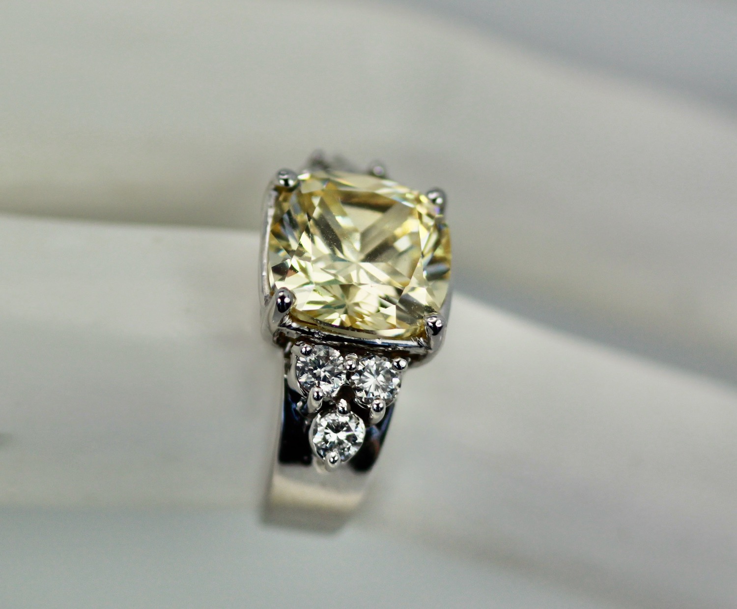 Large Yellow Sapphire Ring with Diamond Side Accents – side view