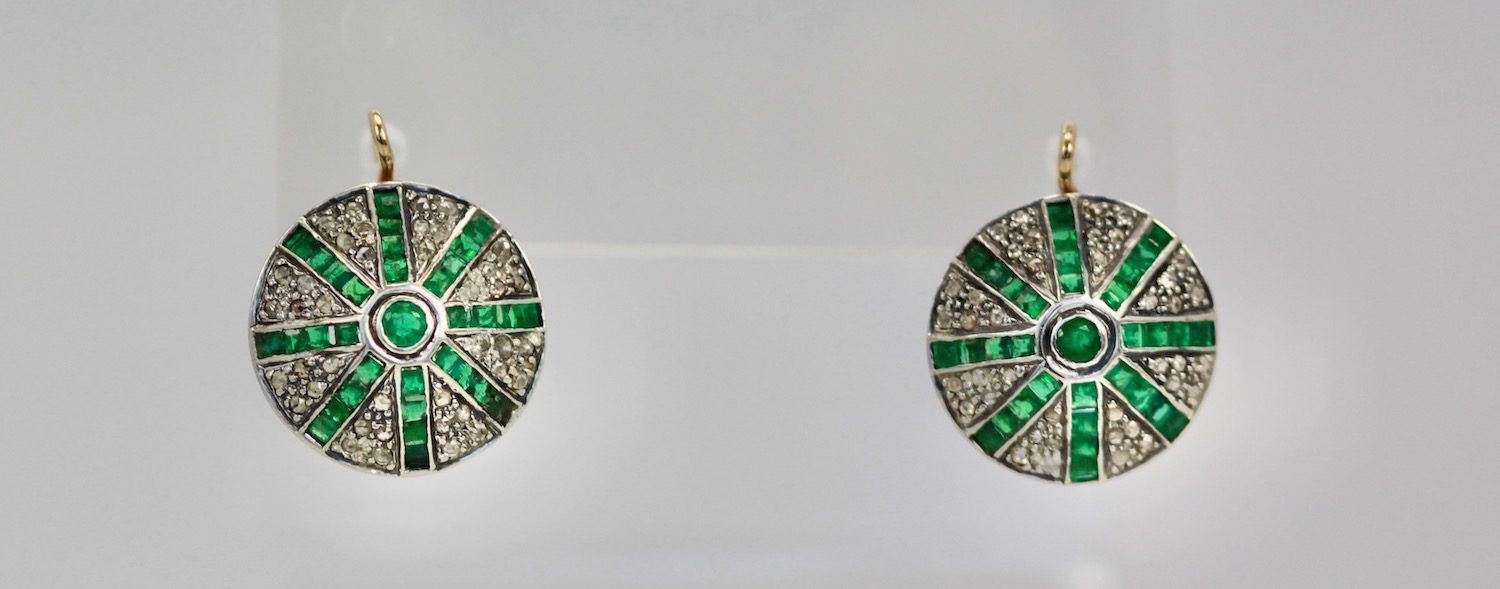 Victorian Silver topped Gold Emerald Diamond Earrings