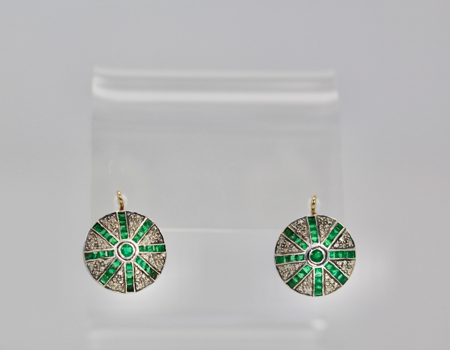 Victorian Silver topped Gold Emerald Diamond Earrings – on stand