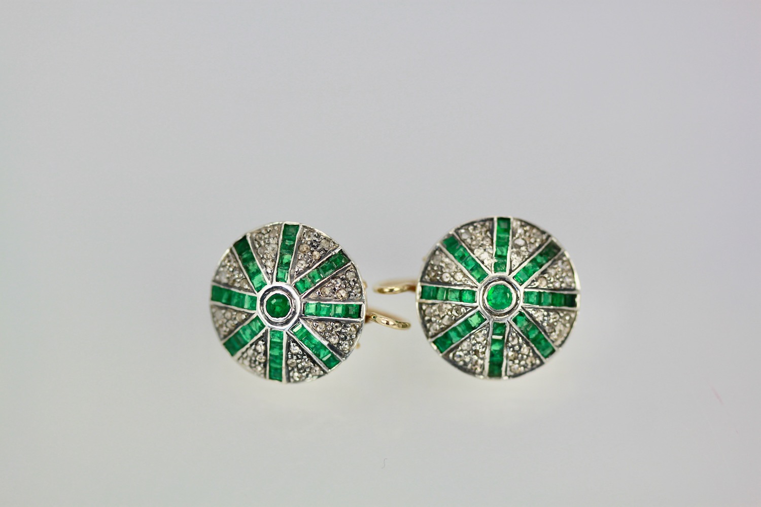 Victorian Silver topped Gold Emerald Diamond Earrings – detail