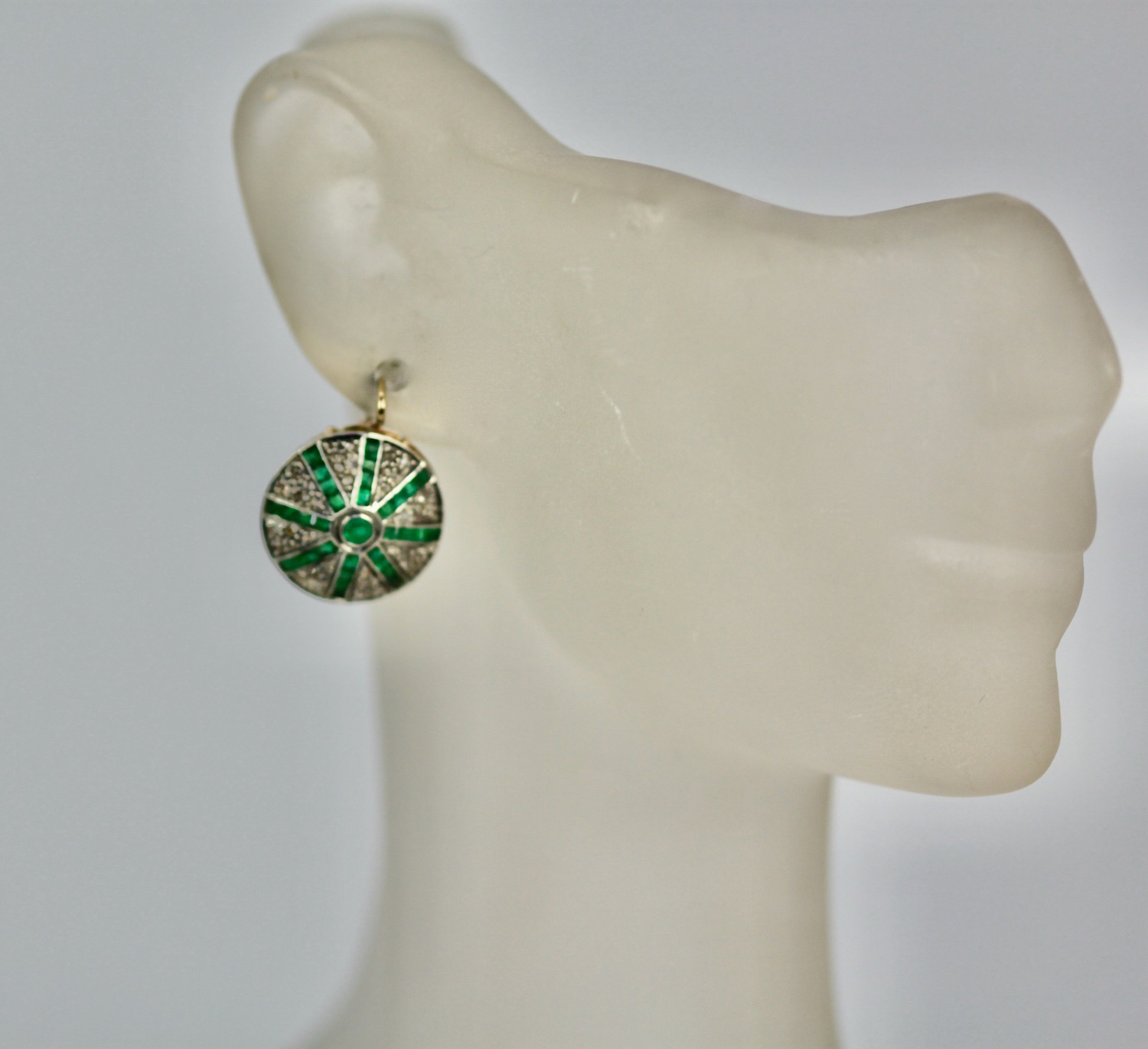 Victorian Silver topped Gold Emerald Diamond Earrings – on model