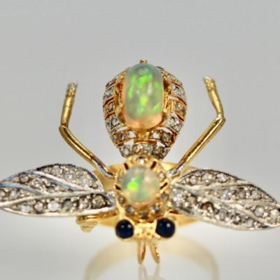 Opal Diamond Sapphire Articulated Bee Ring - top view
