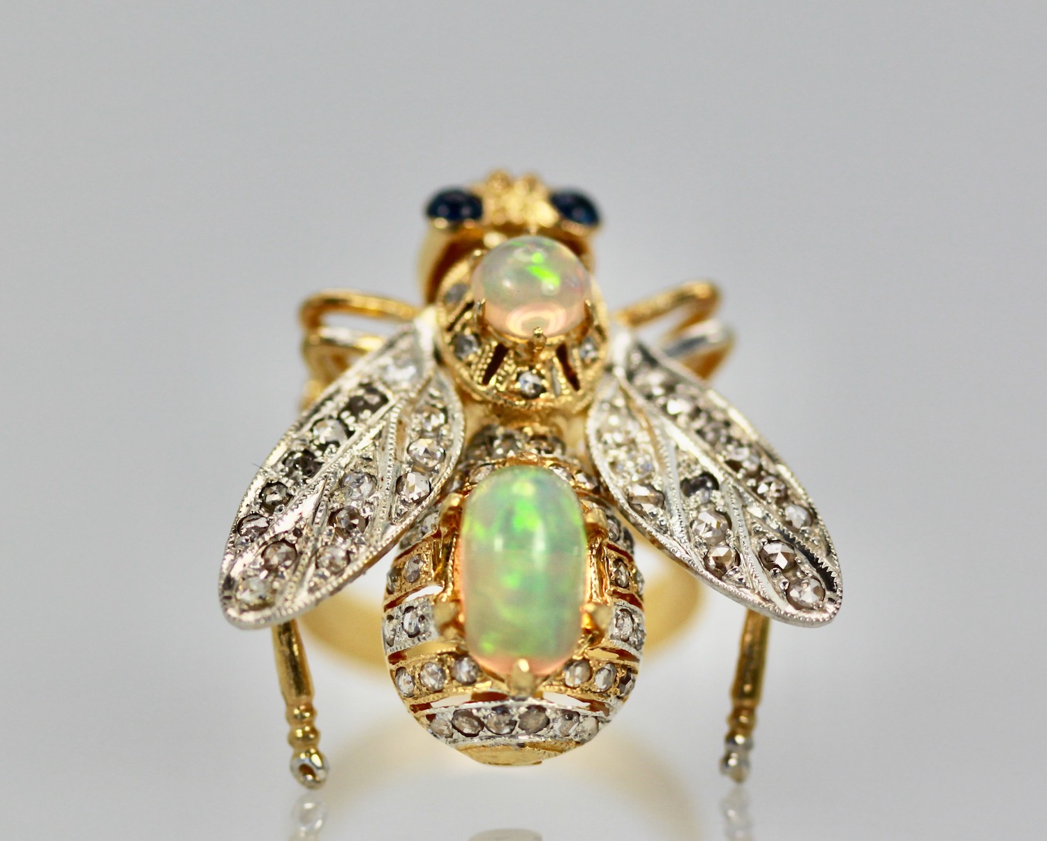 Opal Diamond Sapphire Articulated Bee Ring – close up