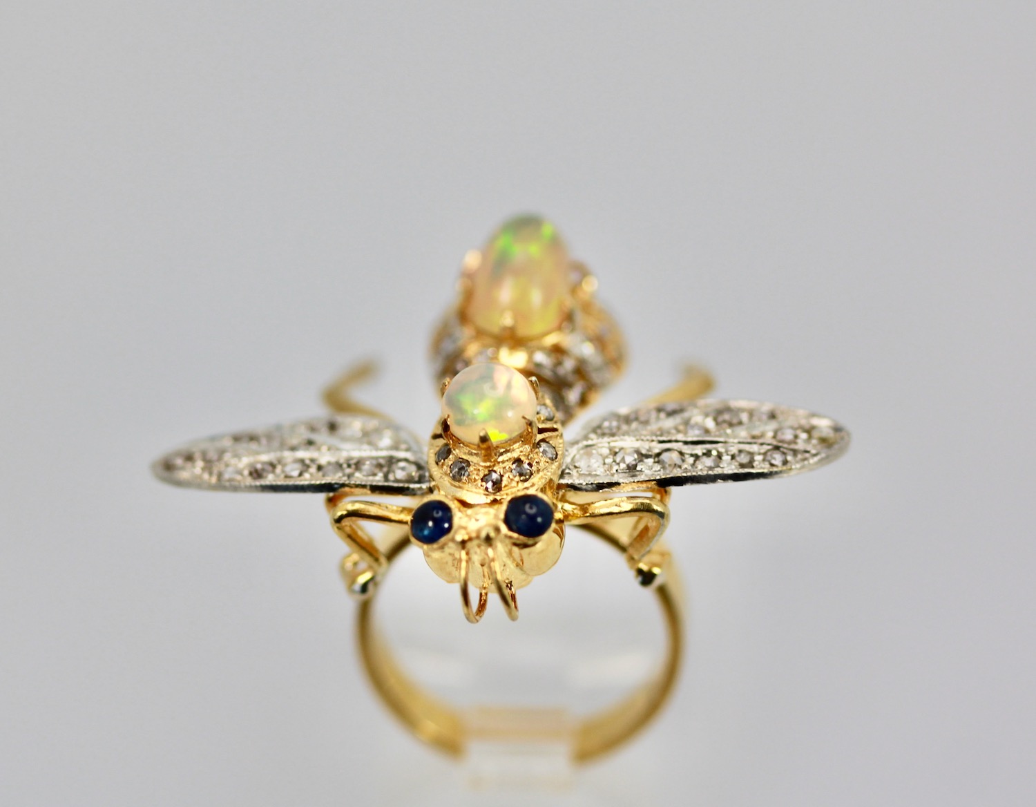 Opal Diamond Sapphire Articulated Bee Ring – front