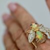 Opal Diamond Sapphire Articulated Bee Ring - on finger