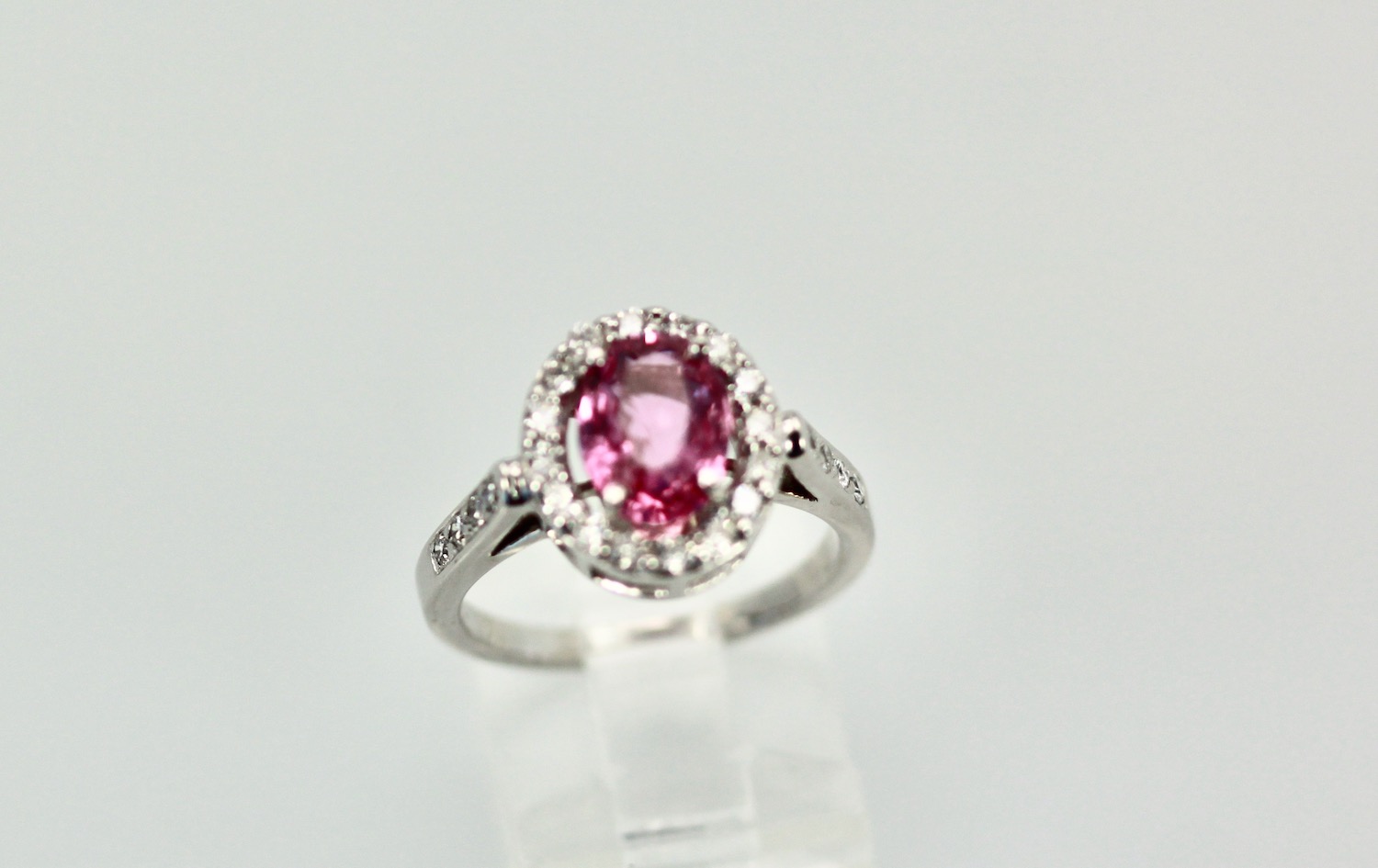 Pink Sapphire and Diamond Ring – on stand